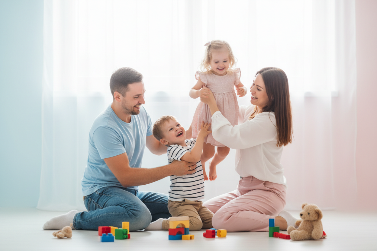 une famille qui jouent ensemble avec un arrière plan bleu pale rose